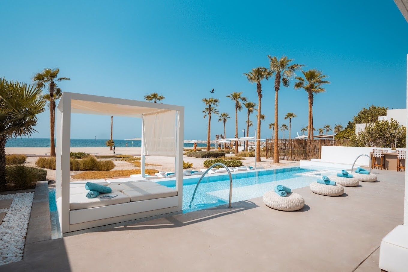 Beachfront pool with daybed cabana and palm trees